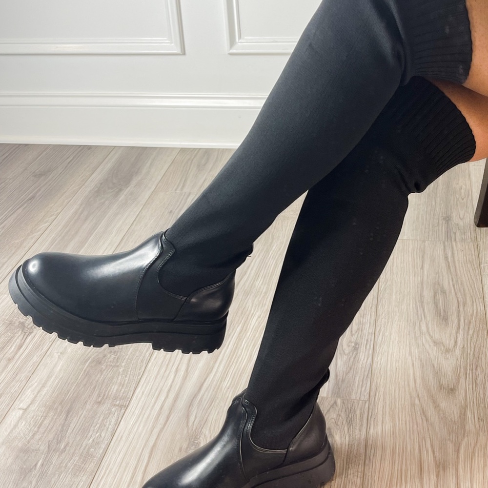 Black knitted over the knee sock biker boot